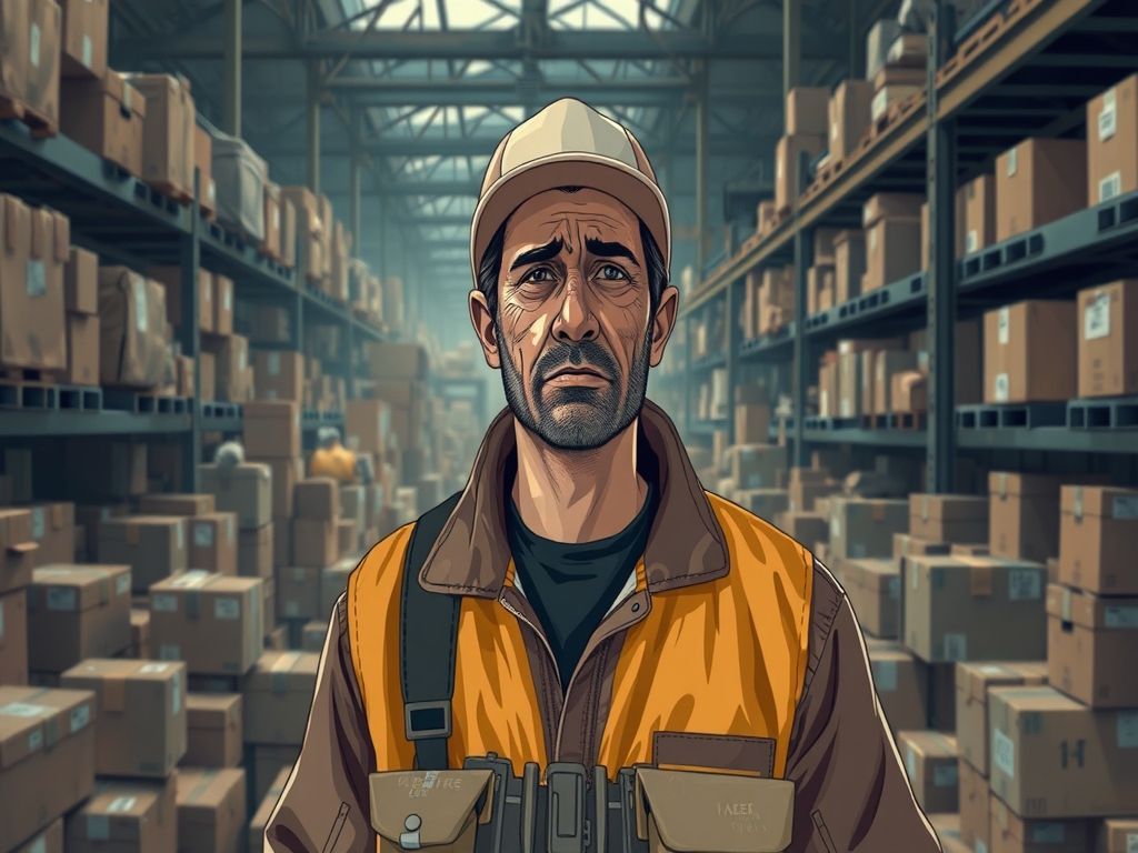 A weary delivery driver, their face reflecting the immense burden of systemic injustice and precarious employment, stands stoically amidst a backdrop of countless parcels in a gritty, industrial setting, subtly hinting at the multilevel subcontracting and the profound structural flaws of the delivery industry, Cinematic, Photorealistic, 8k.