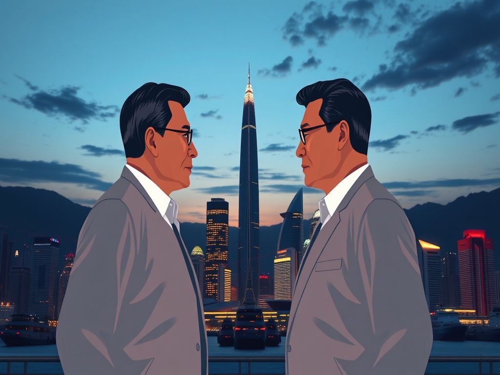 A cinematic and photorealistic 8k wideangle shot of two powerful, charismatic political figures standing across from each other against the iconic backdrop of Busans Marine City skyline at dusk, capturing a tense atmosphere of a strategic ideological clash and the pivotal political turning point for 2026.