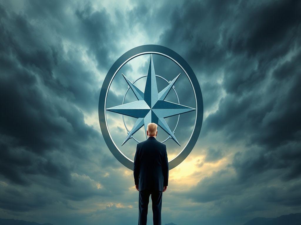 A cinematic and hyperrealistic 8k wide shot of a resolute Donald Trump standing before a colossal, fracturing NATO emblem under a dramatic, stormy sky, symbolizing the seismic shift of American isolationism and a crumbling global security architecture.