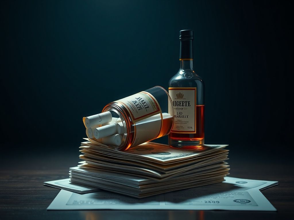 A cinematic and photorealistic 8k image of a cigarette pack and a bottle of liquor resting on a stack of currency and official government documents, symbolizing the strategic balance between national tax revenue and public health policy under dramatic, moody lighting.