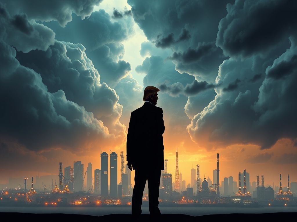 A cinematic, photorealistic 8k image featuring a tense geopolitical standoff between the silhouette of Donald Trump and the skyline of Tehran, with dramatic storm clouds, shimmering oil industry infrastructures, and a sense of volatile diplomatic tension in the air.
