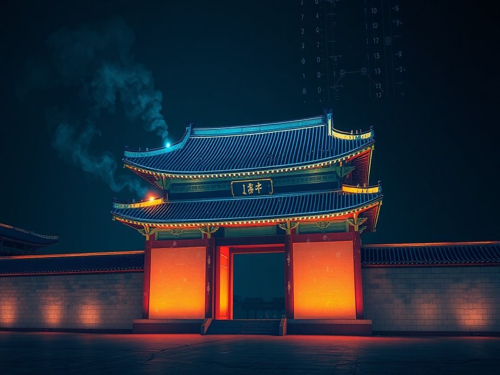 A cinematic, photorealistic 8k image showing the historic Gyeongbokgung Palace gate at night, with wisps of smoke rising from a shadowed corner, contrasted by a glowing, hightech AI thermal scanning grid overlay representing a modern digital security surveillance system, evoking a sense of urgent structural vulnerability and the transition to advanced cultural heritage protection.