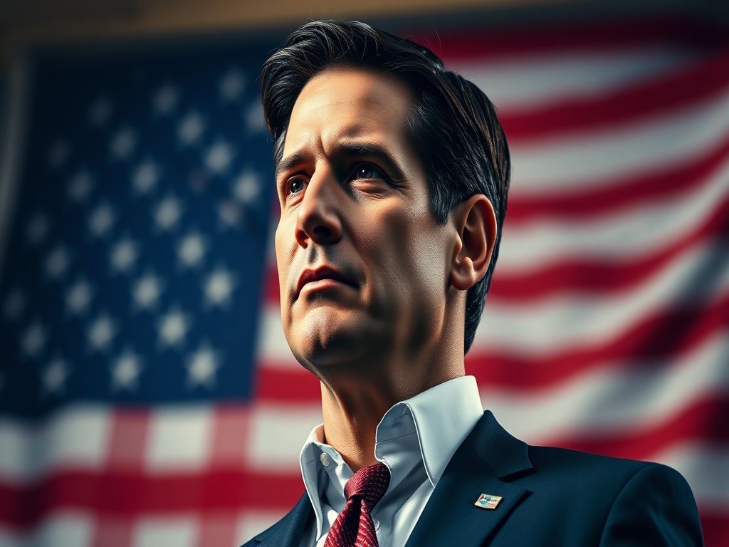 A cinematic, highresolution portrait of a confident Marco Rubio standing in front of a subtly blurred American flag, radiating political authority and modern leadership, captured in a photorealistic 8k style with dramatic professional lighting.