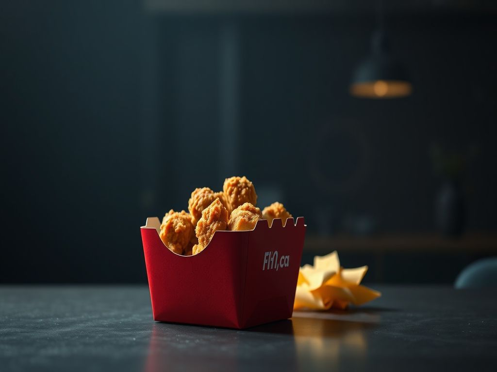 A cinematic and photorealistic closeup of a lone, expensivelooking goldenbrown fried chicken box sitting on a dark, minimalist table, capturing a moody atmosphere of economic tension with soft backlighting and a blurred background suggesting the burden of rising food costs, 8k resolution, highly detailed texture.