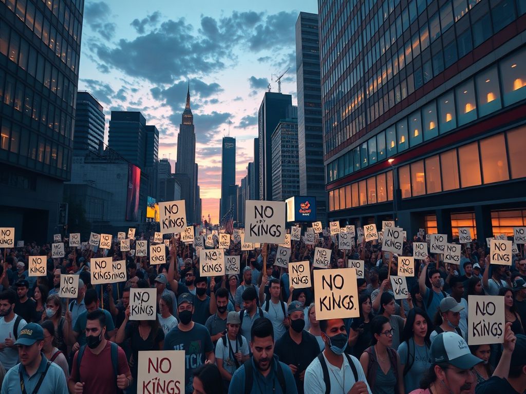 A cinematic and photorealistic 8k wideangle shot capturing a massive, intense sea of diverse protesters marching through a modern city, holding glowing No Kings signs under a dramatic twilight sky, conveying a powerful atmosphere of global resistance against authoritarianism and the defense of democratic values.