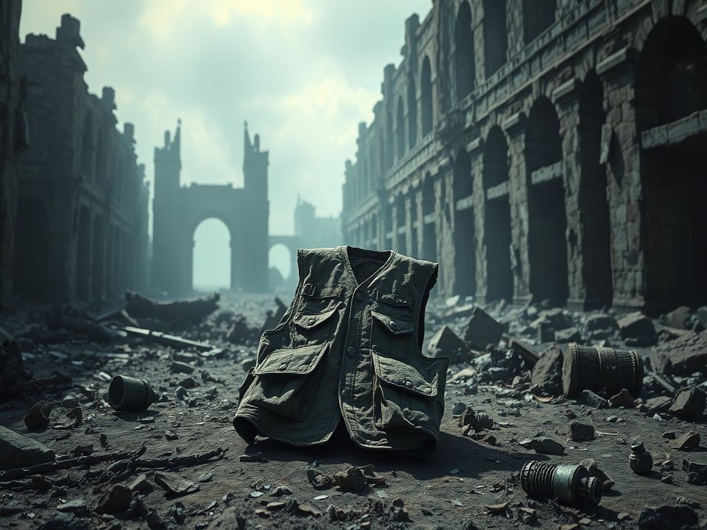 A cinematic and photorealistic 8k image featuring a lone, weathered press vest lying amidst the haunting ruins of a wartorn landscape, with a dramatic play of light and shadow emphasizing the silence of lost truth, somber atmosphere, high detail.
