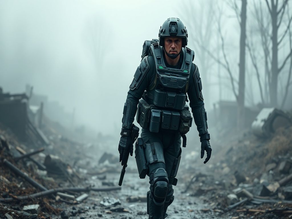 A cinematic, photorealistic 8k image of a Ukrainian soldier wearing an advanced, rugged exoskeleton suit while navigating a wartorn, misty battlefield, showcasing a blend of human resilience and hightech military innovation with a gritty, dramatic atmosphere.