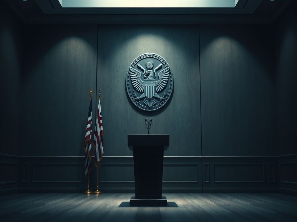 A cinematic, photorealistic 8k image featuring a dimly lit, somber political office background with an empty podium and a symbolic, cracked emblem on the wall, capturing a reflective and critical atmosphere regarding the fading ethics and moral conflicts in modern political events.
