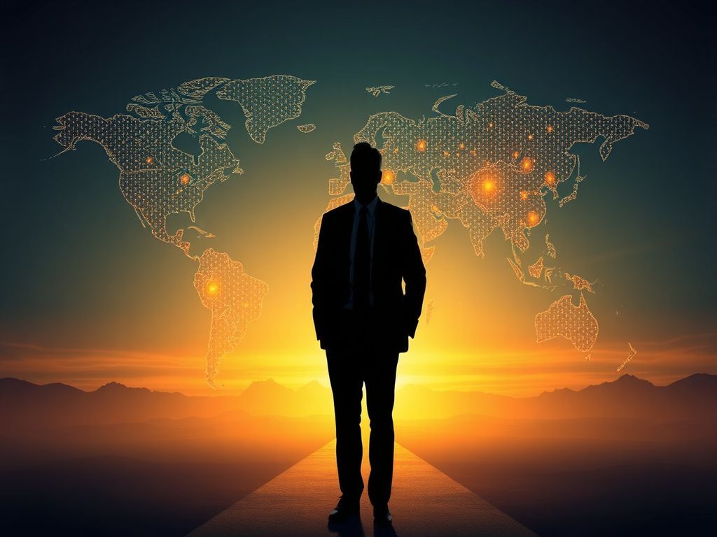 A cinematic, photorealistic 8k image of a powerful silhouette of J.D. Vance standing against a vast, abstract backdrop of shifting global maps and glowing oil market charts, symbolizing the transition from geopolitical tension to economic stability, with warm golden light illuminating a path toward a calm horizon.