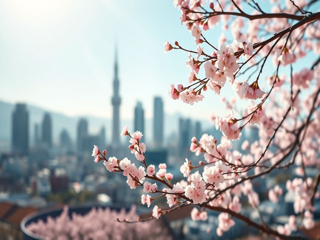 Cinematic, photorealistic 8k image of the iconic Seoul skyline softly blurred in the background, featuring vibrant cherry blossoms in full bloom under warm spring sunlight, capturing a serene and ephemeral urban atmosphere, captured with a shallow depth of field.