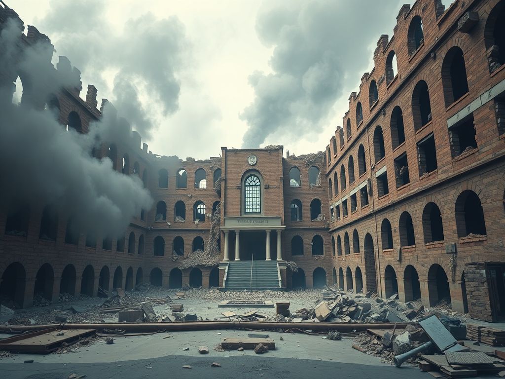 Cinematic and photorealistic 8k image of a devastated university campus in Tehran with smoke rising from ruined lecture halls and shattered brick walls amidst a somber, tense atmosphere of looming conflict, captured with a dramatic wideangle shot showing the contrast between intellectual heritage and the tragic aftermath of war.