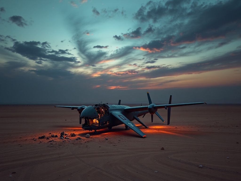 A cinematic, photorealistic 8k image showing the charred wreckage of an advanced hightech surveillance drone lying in the desolate, vast desert landscape of the Middle East under a dramatic, tensionfilled twilight sky, capturing the collapse of modern military dominance.