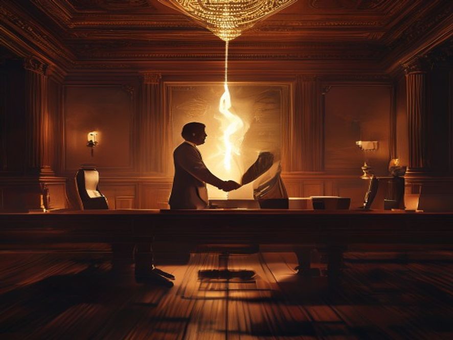 A cinematic and photorealistic 8k image of two silhouettes representing opposing political figures shaking hands across a grand, dimly lit mahogany conference table, with a glowing, intricate scroll of the constitution lying in the center, capturing a tense yet historic atmosphere of highstakes political negotiation.