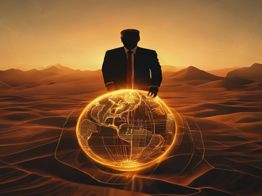 A cinematic, photorealistic 8k image featuring a subtle silhouette of Donald Trump overseeing a stylized, glowing globe centered on the Middle East, with intricate golden currency symbols and military strategic lines overlaying the desert landscape to symbolize the commodification of global security, dramatic lighting, high contrast, professional photography style.