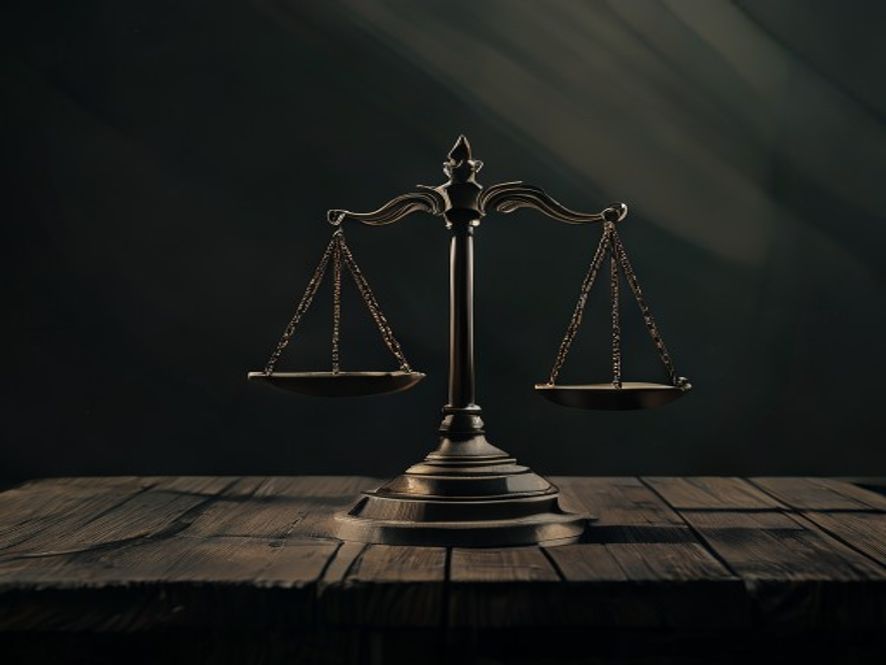 A cinematic and atmospheric photorealistic image of a lonely, dimly lit scales of justice standing on a cold wooden table, with long shadows cast across a dark background to symbolize the struggle for truth and the heavy burden of judicial uncertainty, 8k resolution.