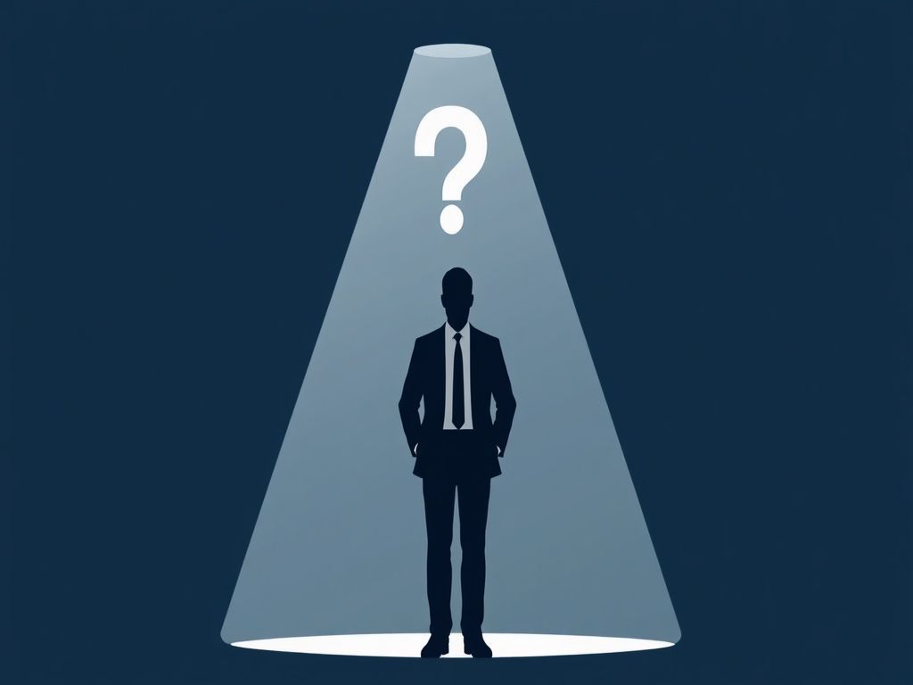 Minimalist professional vector illustration A cleanlined silhouette of a solemn actor stands under a dramatically fading spotlight, where an ethereal question mark subtly forms in the negative space, symbolizing the tragic mystery of his undisclosed passing.