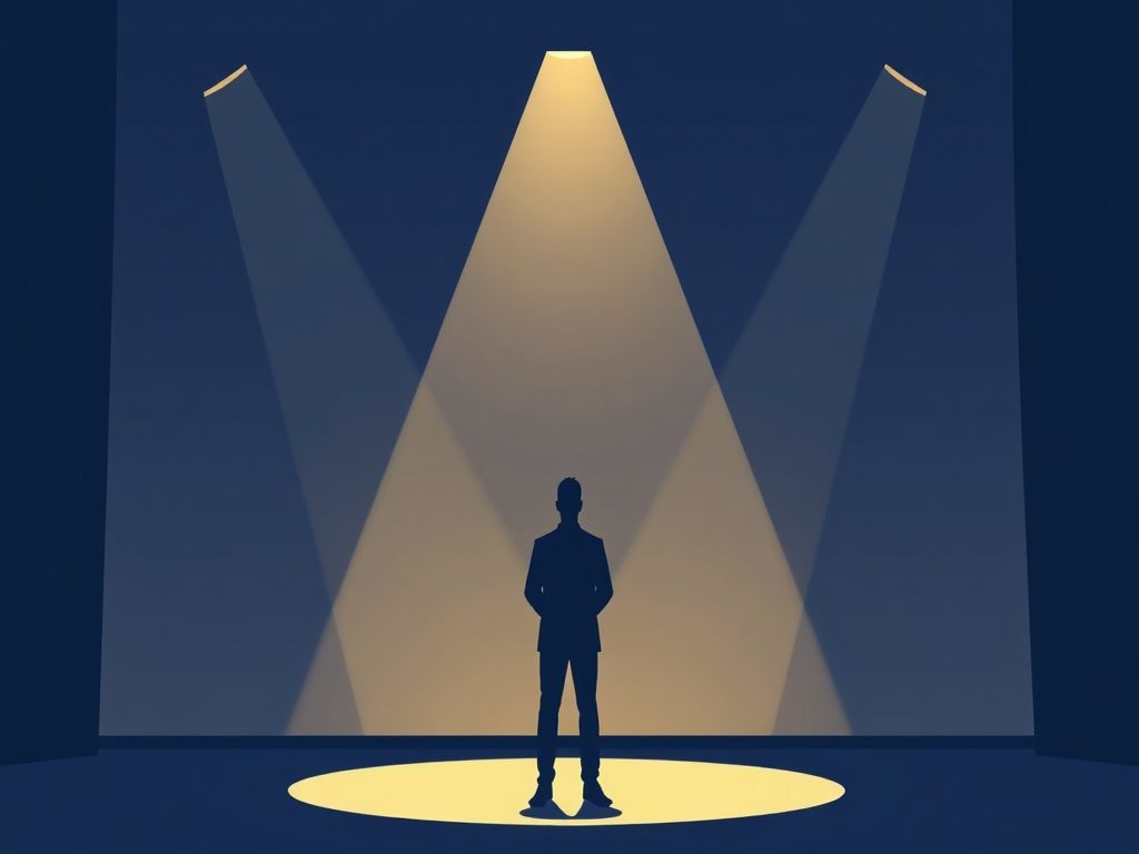 A minimalist professional vector illustration of a serene actors silhouette standing under a single, elegant spotlight on a clean stage, using flat design and a respectful navy and gold color palette to symbolize a peaceful remembrance.