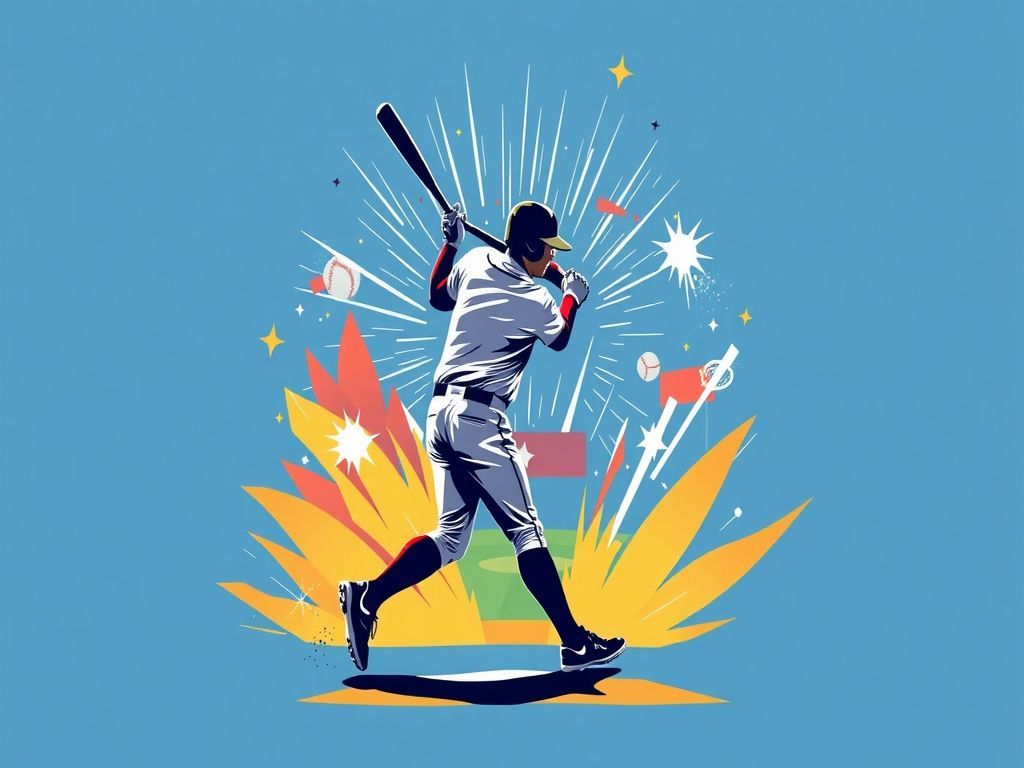 Minimalist professional vector illustration of a dramatic baseball walkoff moment, featuring a vibrant silhouette of a batter swinging with explosive energy, surrounded by stylized motion lines, energetic graphic sparkles, and a bold popart color palette reflecting stadium excitement, trendy flat design.