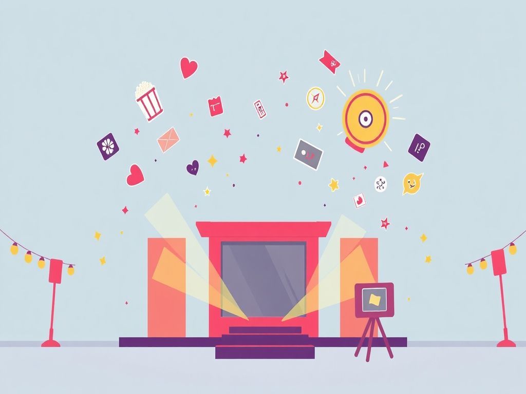 Minimalist professional vector illustration of a vibrant film festival celebration in Jeonju, featuring stylized cinema projectors, floating popart movie icons, and dynamic energy lines in bold, energetic colors against a clean, modern backdrop.