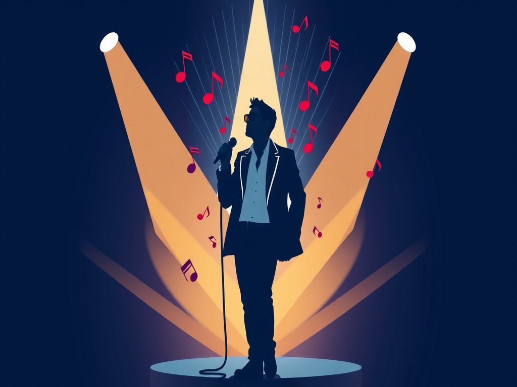 Minimalist professional vector illustration of a stylish actor in a dynamic silhouette surrounded by vibrant musical notes and radiant spotlights, blending popart inspired energetic graphic elements with a trendy, creative aesthetic.
