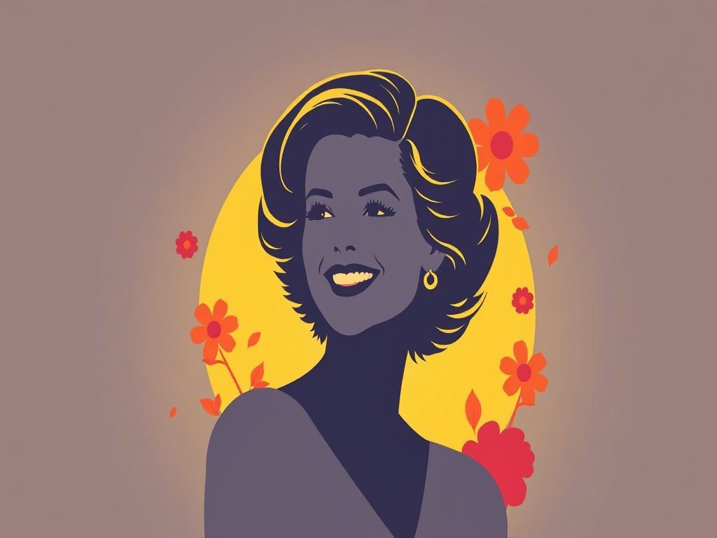 A minimalist professional vector illustration featuring a warm, glowing silhouette of a smiling actress framed by vibrant popart floral motifs and soft golden light, symbolizing a timeless legacy and the joyful energy of a classic sitcom era.