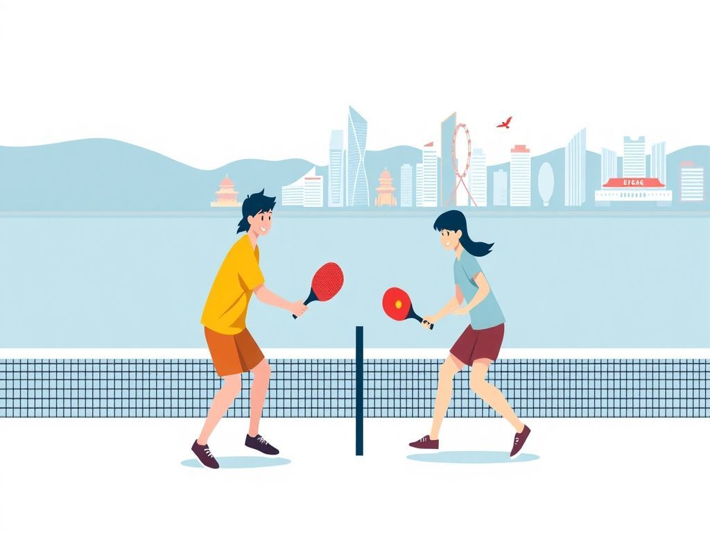 Minimalist professional vector illustration of a dynamic pickleball match between two figures on the Han River, featuring vibrant popart colors, stylized laughter icons, and energetic graphic elements in a trendy, cleanlined aesthetic.