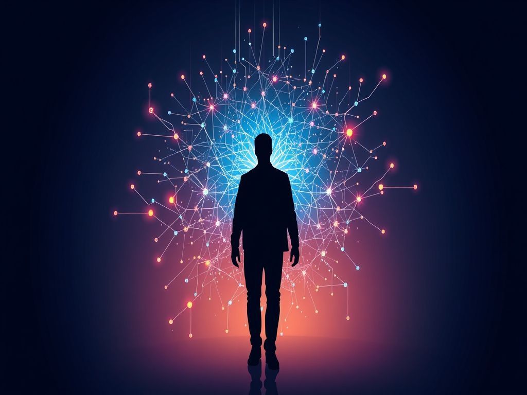 Minimalist professional vector illustration of a cinematic silhouette merging with floating digital neural network patterns, vibrant popart colors, and sleek glowing light streaks representing hightech storytelling, trendy aesthetic with clean lines.