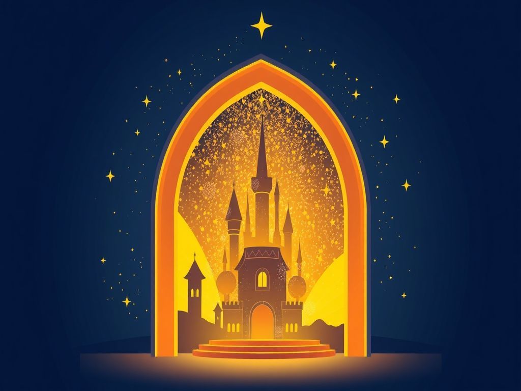 Minimalist professional vector illustration of a glowing, mystical arched doorway opening into a golden magical portal, surrounded by floating ethereal stardust and stylized silhouettes of a wizards castle, rendered in vibrant, trendy flat design with clean lines.