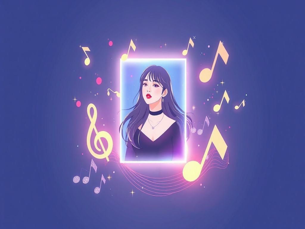A minimalist professional vector illustration featuring a glowing, floating Kpop idol photocard surrounded by vibrant, abstract musical notes and shimmering graphical sparkles, designed with a trendy, highcontrast aesthetic that captures the excitement of fandom culture.