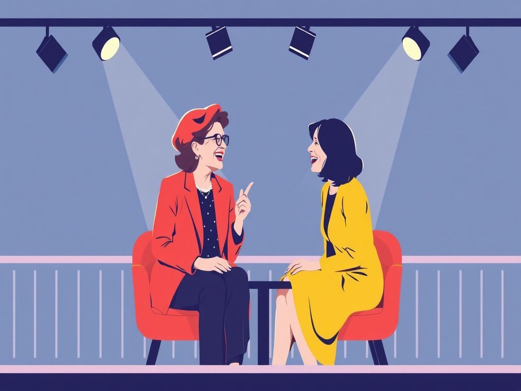 Minimalist professional vector illustration of Meryl Streep and Anne Hathaways silhouettes sharing a joyful, highenergy talk show moment, featuring vibrant popart colors, abstract fashionforward graphic elements, and stylized spotlights, trendy aesthetic with clean lines.