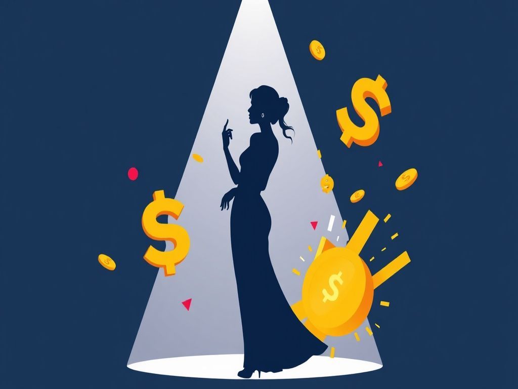 A minimalist professional vector illustration featuring a stylized silhouette of a graceful actress caught in a dramatic spotlight, accented by vibrant popart graphic elements, floating golden currency symbols, and fragmented abstract shapes representing a major industry disruption, all in a trendy flat design aesthetic.