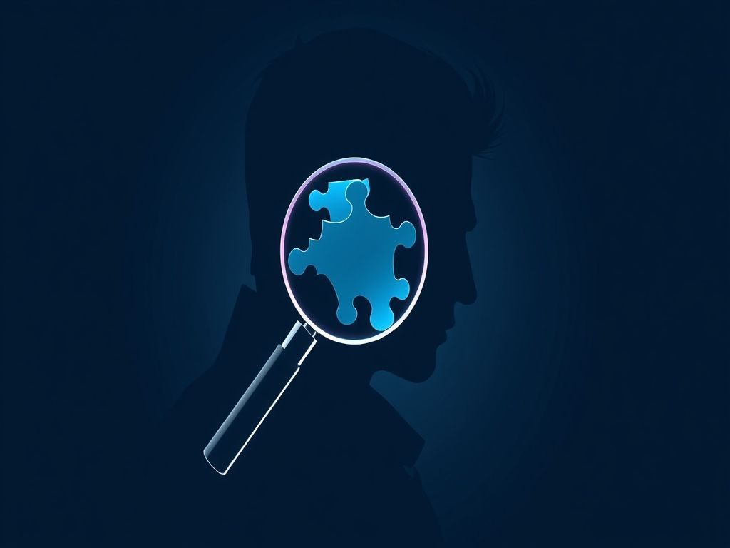 Minimalist professional vector illustration of a mysterious silhouette profile merging with a sharp magnifying glass and geometric puzzle pieces, featuring a cooltoned palette of deep navy and electric neon highlights, capturing the intense psychological tension of crime thrillers with sleek, clean lines.