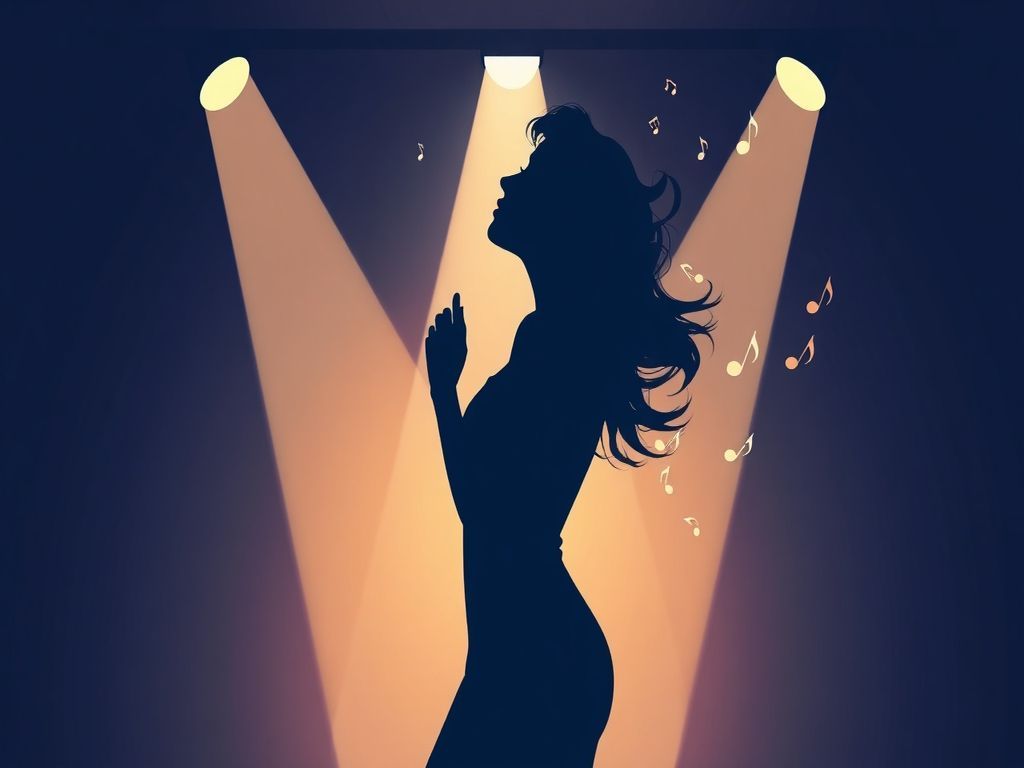 Minimalist professional vector illustration of a graceful, ethereal female silhouette illuminated by soft stage spotlights and floating delicate musical notes, featuring a vibrant popart color palette and clean lines to capture a nostalgic yet trendy legendary beauty aesthetic.