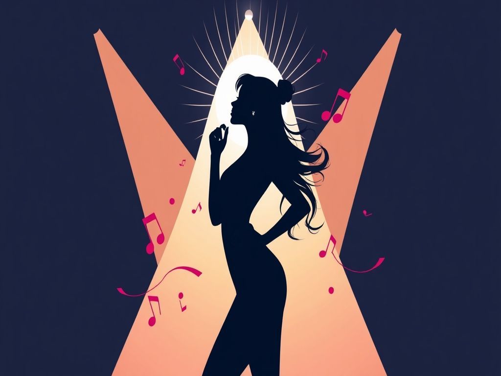 Minimalist professional vector illustration of a chic female silhouette radiating a bold and alluring aura, surrounded by vibrant spotlight beams, flowing musical notes, and stylized popart graphic elements in a trendy, highfashion aesthetic.