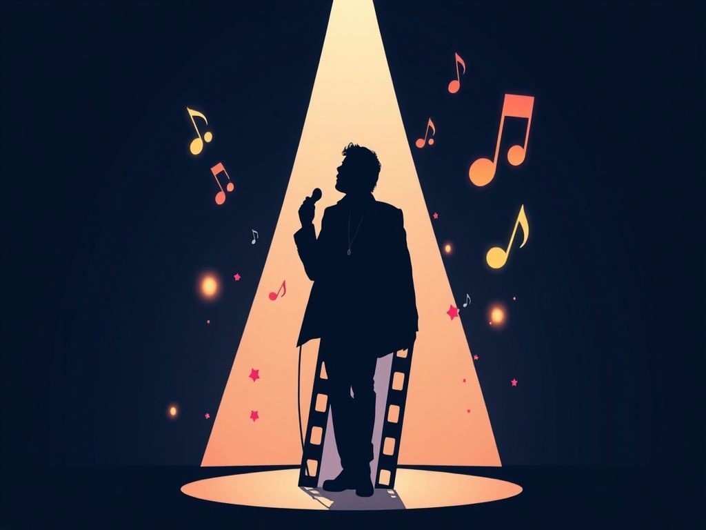 Minimalist professional vector illustration of a legendary icons dynamic silhouette emerging from a vintage film strip into a vibrant spotlight, adorned with artistic musical notes and glowing graphic elements in a trendy, highcontrast aesthetic.