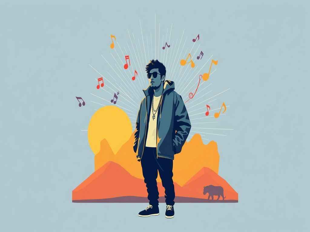 Minimalist professional vector illustration of a stylish young rapper transitioning into a political leader, featuring dynamic musical notes blending into abstract geometric shapes of the Mongolian landscape, vibrant popart colors, clean lines, and a symbolic silhouette radiating energy, trendy aesthetic.