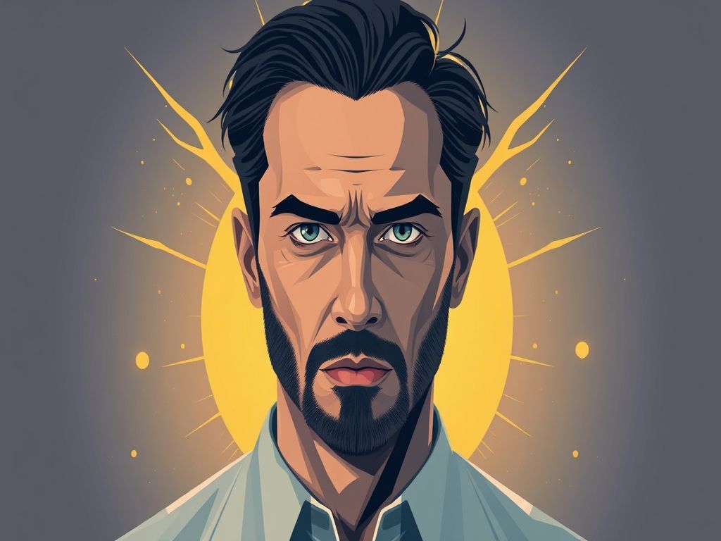 Minimalist professional vector illustration of a charismatic actor with an intense gaze against a backdrop of ethereal fantasy elements and golden celestial light, clean lines and flat design, trendy aesthetic capturing a cinematic heroic atmosphere.