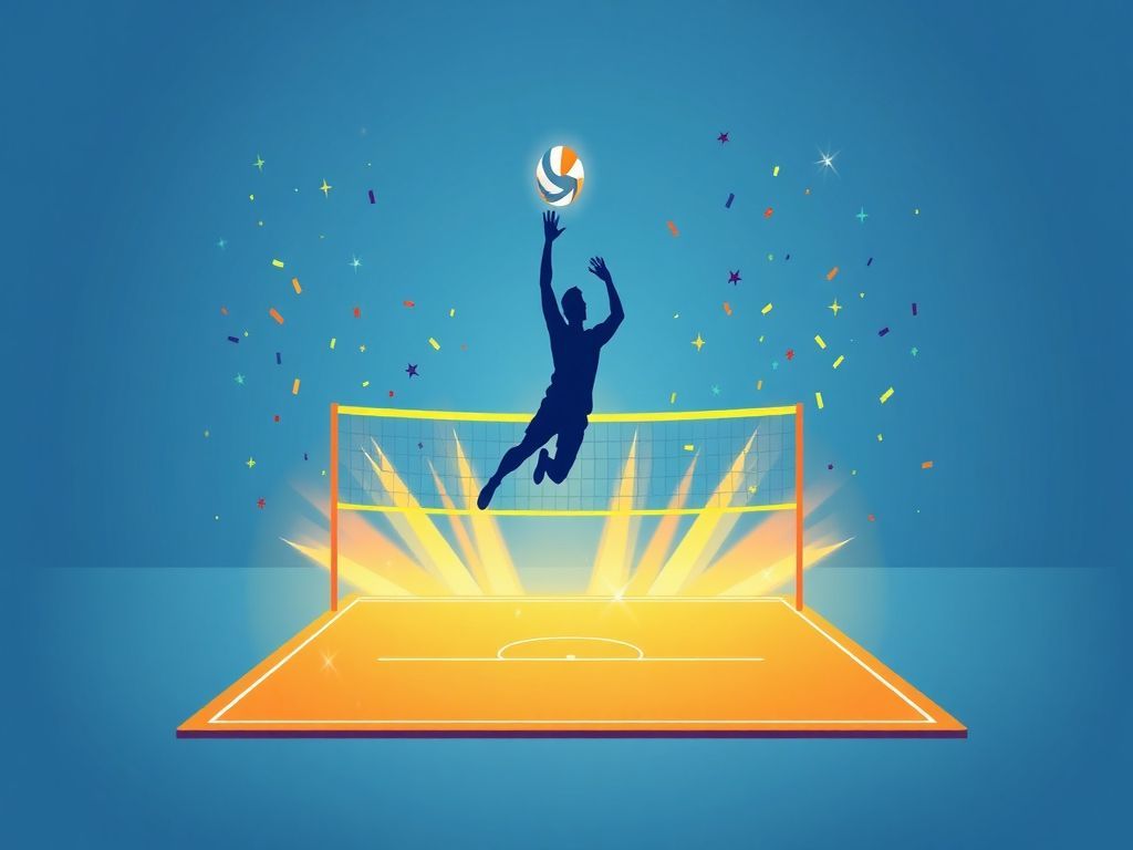 A minimalist professional vector illustration featuring a dynamic volleyball silhouette soaring above a glowing court, accented by vibrant energy waves and celebratory confetti in a trendy flat design style.