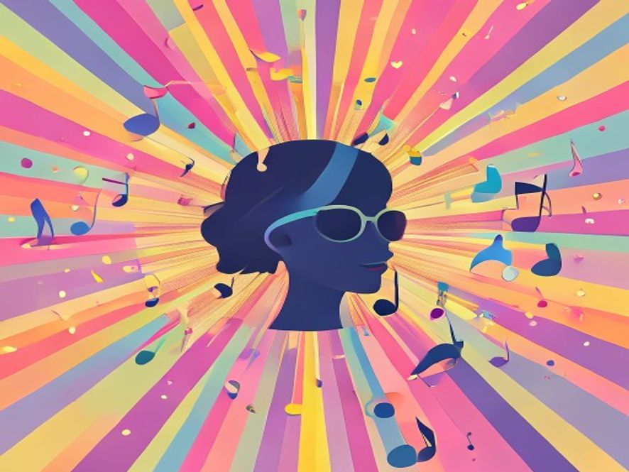 Minimalist professional vector illustration of a stylish icon silhouette surrounded by vibrant musical notes and radiant spotlight beams, featuring a trendy popart aesthetic with joyful graphic motifs to celebrate her lifes new chapter.