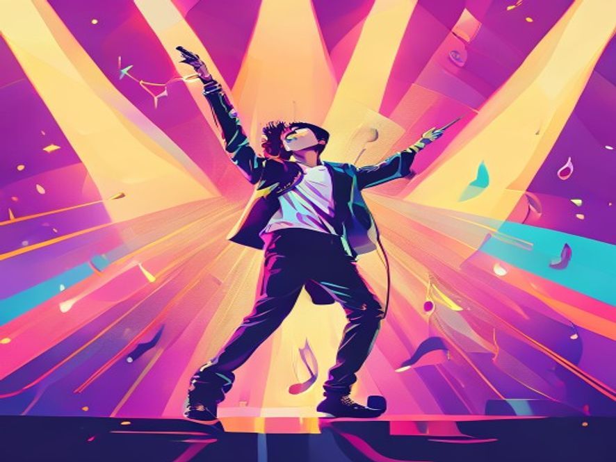 A minimalist professional vector illustration featuring a dynamic silhouette of a Kpop icon performing center stage under brilliant, glowing spotlights, accented by stylized musical notes and vibrant, trendy popart aesthetic elements reflecting the energy of a Las Vegas residency.