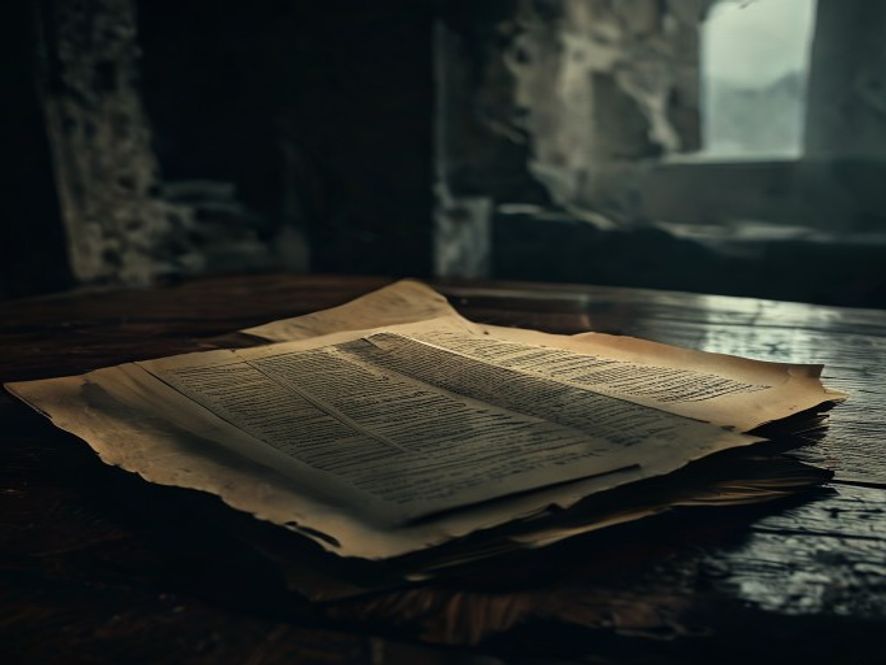 A cinematic and photorealistic 8k image of old, dusty declassified government documents lying on a dark wooden desk under dim, melancholic lighting, with a blurred silhouette of a crumbling concrete structure in the background representing the 1995 tragedy, evoking a somber atmosphere of historical reflection and accountability.