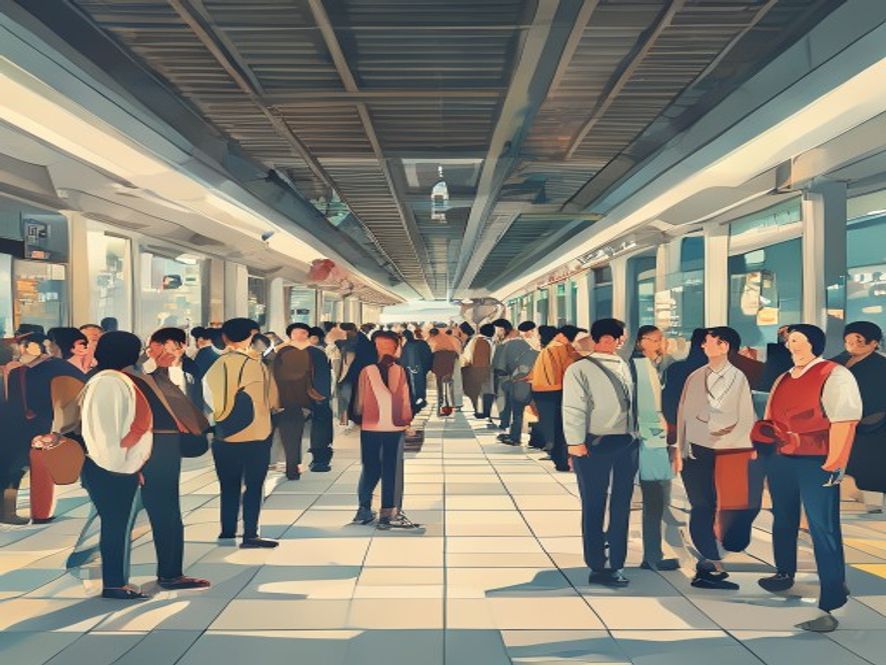 A cinematic, photorealistic 8k image featuring a bustling Seoul subway station platform with diverse commuters of different generations, symbolizing the intersection of aging society and public welfare reform, bathed in a thoughtful and balanced atmosphere.