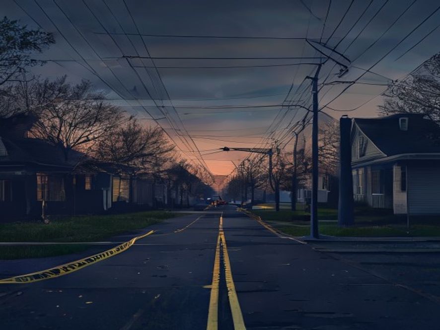 A cinematic, highcontrast, photorealistic 8k image capturing the somber atmosphere of a quiet, dimly lit suburban street at dusk, featuring a lonely police cordon tape fluttering in the cold wind, symbolizing a fractured family tragedy and the isolation of hidden domestic conflict, captured with a moody and reflective aesthetic.