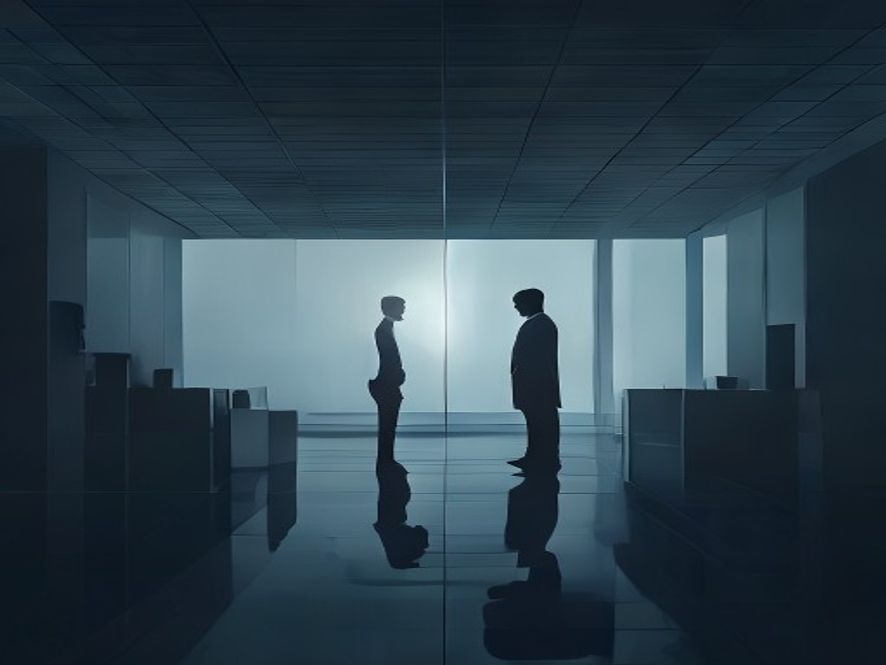 A dramatic, highcontrast cinematic portrait of two silhouette figures standing at opposite ends of a dimly lit, cold minimalist office, symbolizing a tense political conflict and the deep divide between interpretation and intent, photorealistic, 8k, professional photography style.