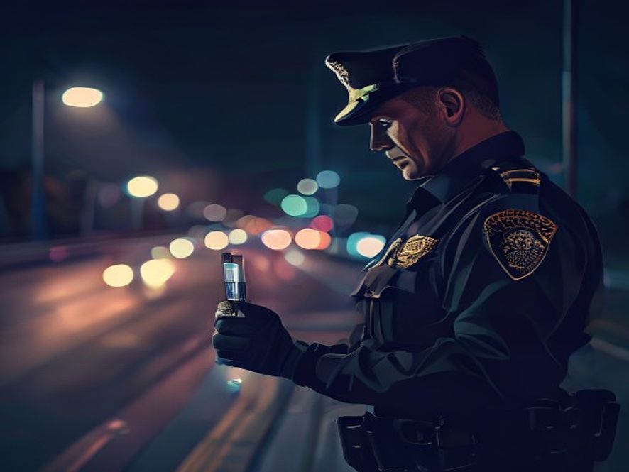 A photorealistic, cinematic shot of a stern police officer conducting a roadside drug test at night under glowing streetlights, featuring a modern diagnostic kit held in focus against a blurred highway background, 8k resolution, high contrast, dramatic atmosphere.