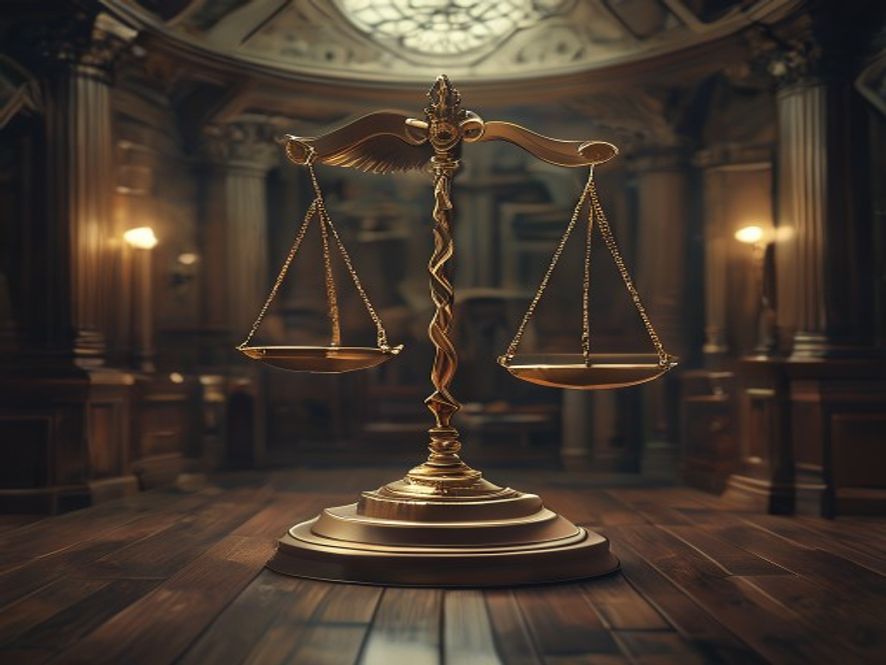 A cinematic and photorealistic 8k image featuring a conceptual scales of justice balancing between a medical caduceus symbol and a stack of legal documents inside a dimly lit, somber National Assembly hall, representing the complex political deadlock and intense conflict of interest in medical legislation.