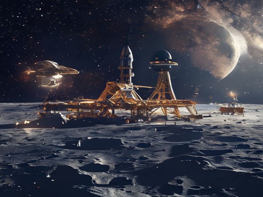 A cinematic and photorealistic 8k image featuring a futuristic lunar base being constructed on the glowing surface of the Moon, with two massive hightech spacecraft representing the rival superpowers silhouetted against the vast, starry deep space, capturing the tense and ambitious atmosphere of the modern cosmic space race.