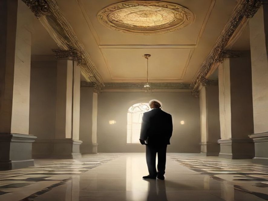 A cinematic, photorealistic 8k image featuring a solitary, contemplative silhouette of a seasoned politician standing in the vast, shadowsfilled hallway of a grand courthouse, symbolizing the tension between judicial authority and political destiny, with dramatic lighting highlighting the cold stone architecture and a sense of institutional gravity.