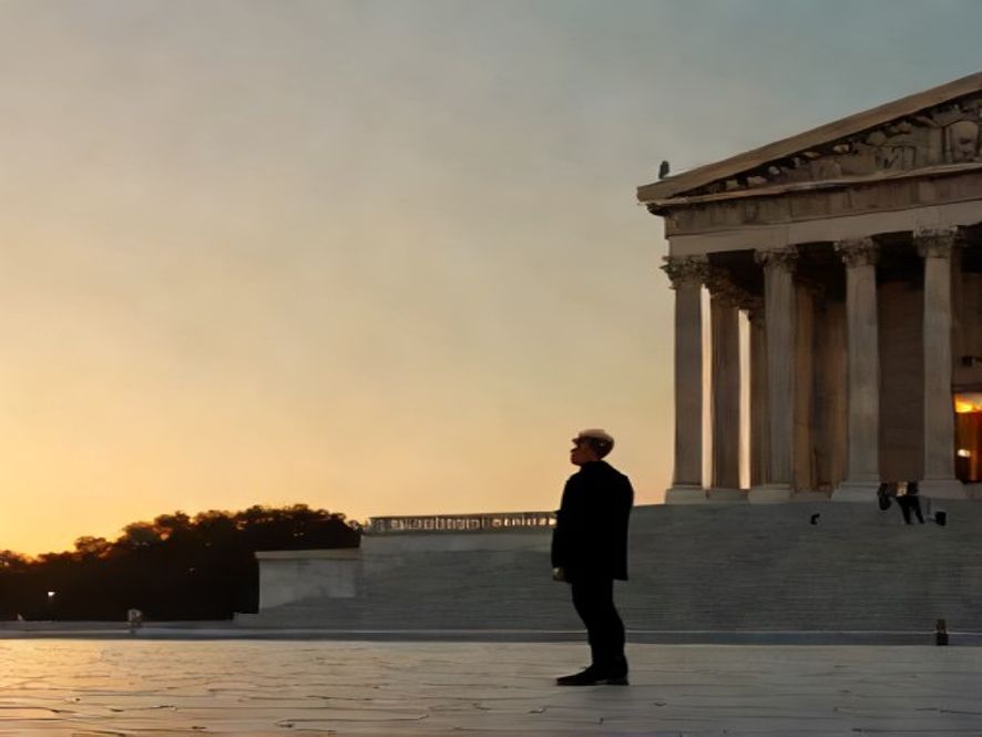 A cinematic, photorealistic 8k image featuring a contemplative silhouette of a solitary figure standing before a weathered, monumental stone structure of the National Assembly at dusk, capturing a somber and reflective atmosphere of political introspection and historical transition.