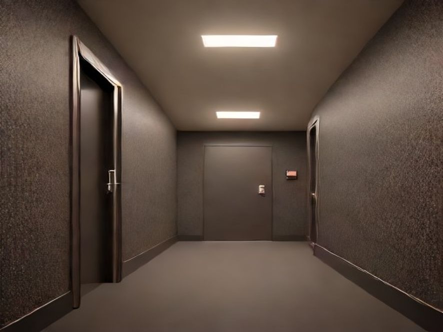 A cinematic and photorealistic 8k image of a dimly lit, narrow hotel corridor filled with thick, ominous smoke, emphasizing an emergency exit sign glowing brightly in the dark to symbolize safety and vigilance, dramatic atmosphere.